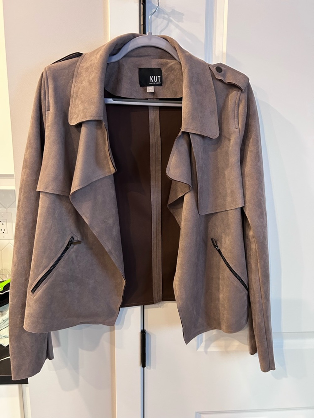 Kut from the Kloth Jacee Faux Suede Moto Jacket Taupe Waterfall Neutral Chic